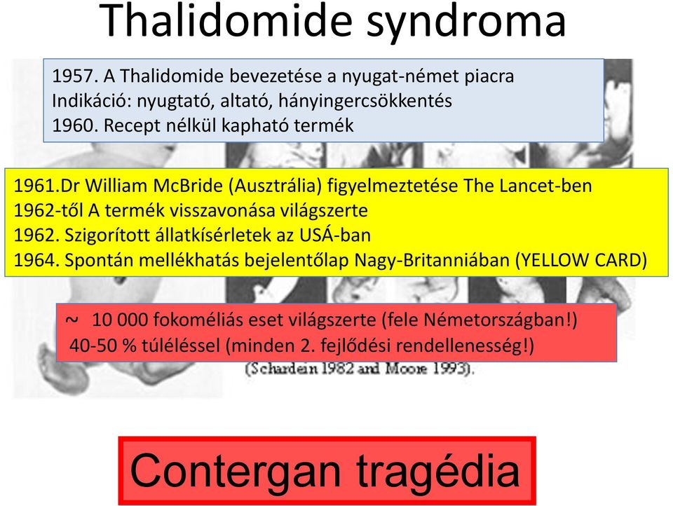 Dr William McBride (Ausztrália) figyelmeztetése The Lancet-ben 1962-től A termék visszavonása világszerte 1962.