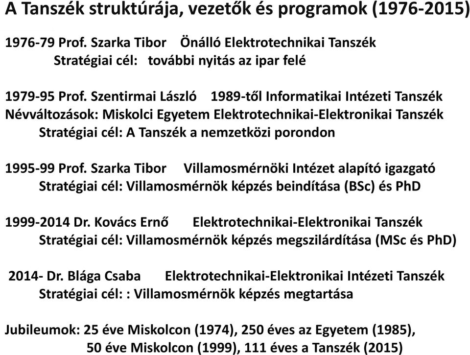 Szarka Tibor Villamosmérnöki Intézet alapító igazgató Stratégiai cél: Villamosmérnök képzés beindítása (BSc) és PhD 1999-2014 Dr.