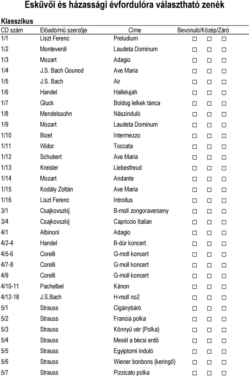 Bach Air 1/6 Handel Hallelujah 1/7 Gluck Boldog lelkek tánca 1/8 Mendelssohn Nászinduló 1/9 Mozart Laudeta Dominum 1/10 Bizet Intermezzo 1/11 Widor Toccata 1/12 Schubert Ave Maria 1/13 Kreisler