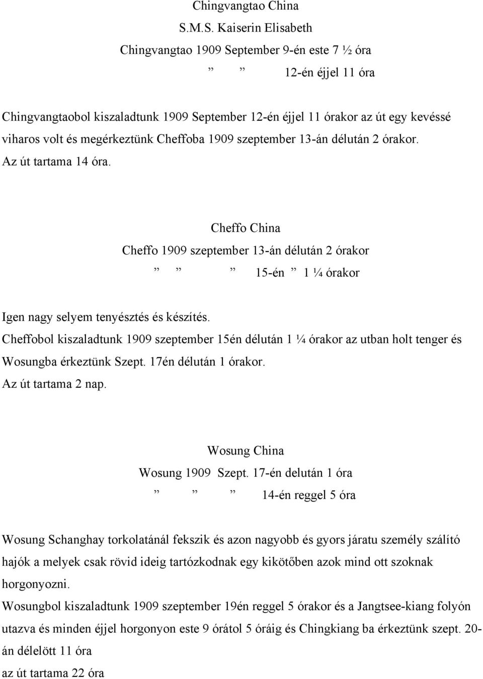 megérkeztünk Cheffoba 1909 szeptember 13-án délután 2 órakor. Az út tartama 14 óra. Cheffo China Cheffo 1909 szeptember 13-án délután 2 órakor 15-én 1 ¼ órakor Igen nagy selyem tenyésztés és készítés.