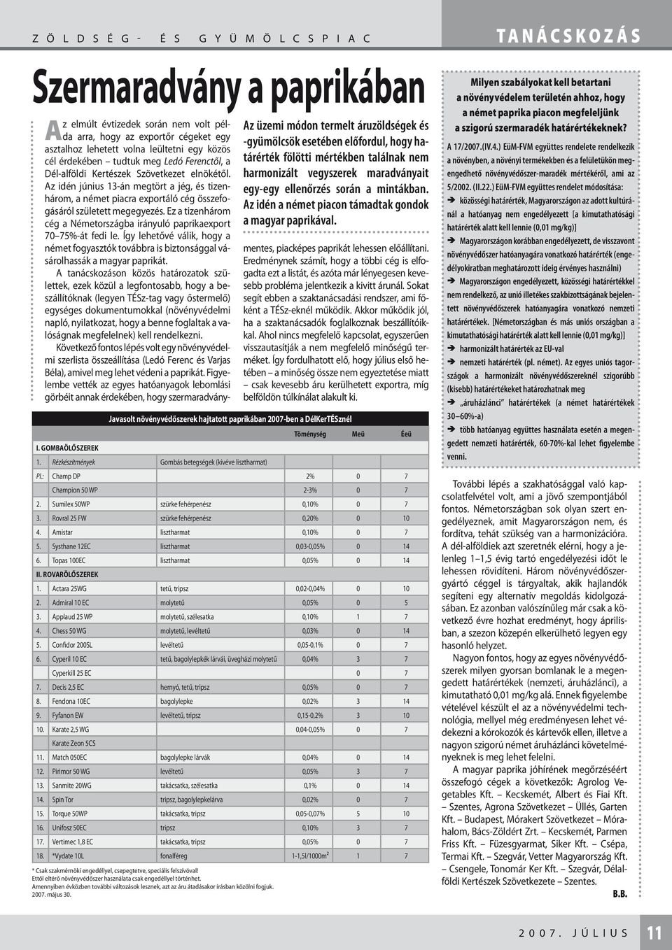 Kertészek Szövetkezet elnökétől. harmonizált vegyszerek maradványait Az idén június 13-án megtört a jég, és tizenhárom, a német piacra exportáló cég összefo- egy-egy ellenőrzés során a mintákban.