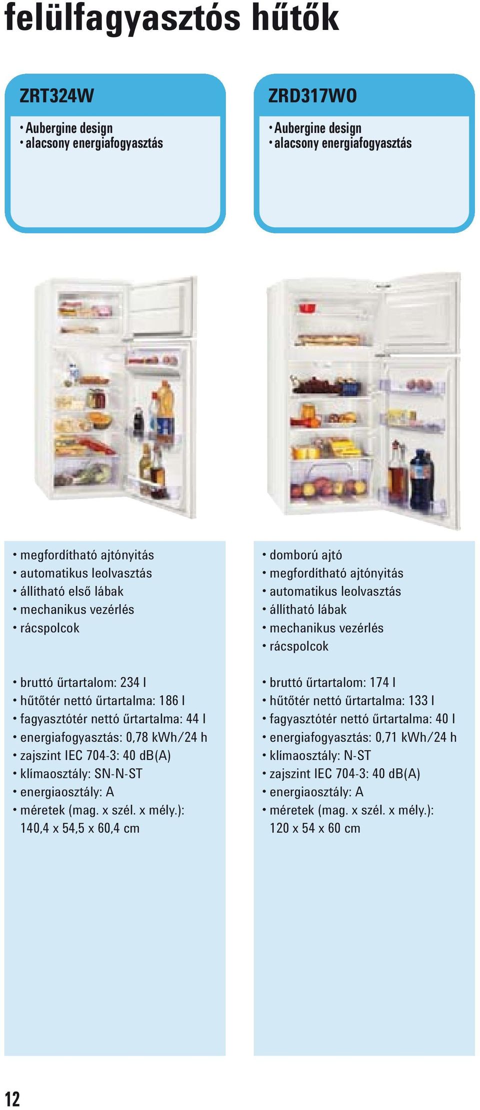 140,4 x 54,5 x 60,4 cm domború ajtó állítható lábak rácspolcok bruttó űrtartalom: 174 l hűtőtér nettó űrtartalma: 133 l