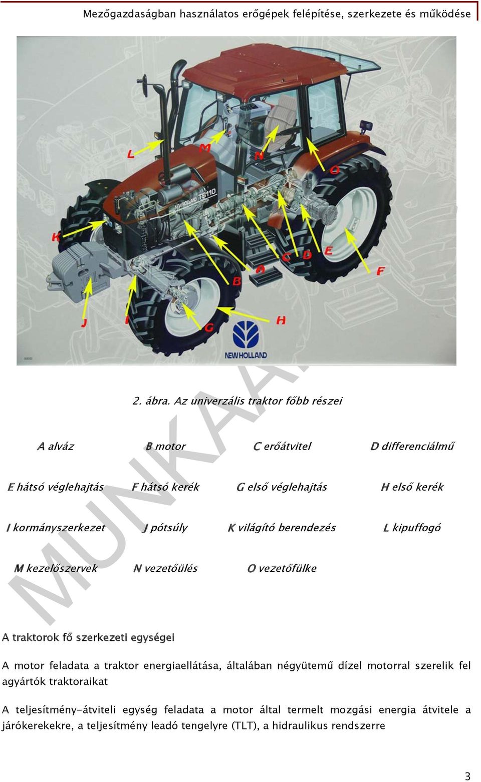 kerék I kormányszerkezet J pótsúly K világító berendezés L kipuffogó M kezelőszervek N vezetőülés O vezetőfülke A traktorok fő szerkezeti