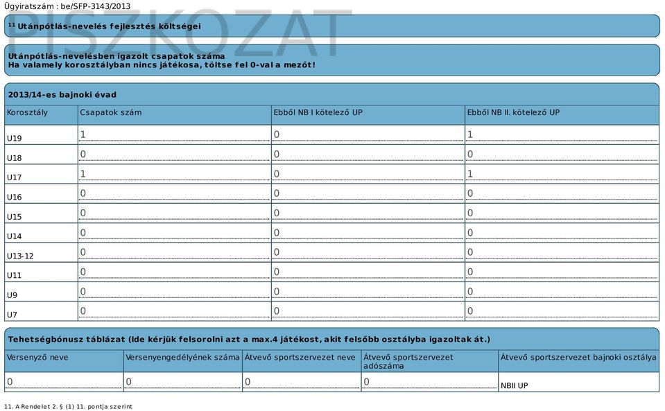 kötelező UP U19 U18 U17 U16 U15 U14 U13-12 U11 U9 U7 1 0 1 0 0 0 1 0 1 0 0 0 0 0 0 0 0 0 0 0 0 0 0 0 0 0 0 0 0 0 Tehetségbónusz táblázat (Ide kérjük felsorolni azt