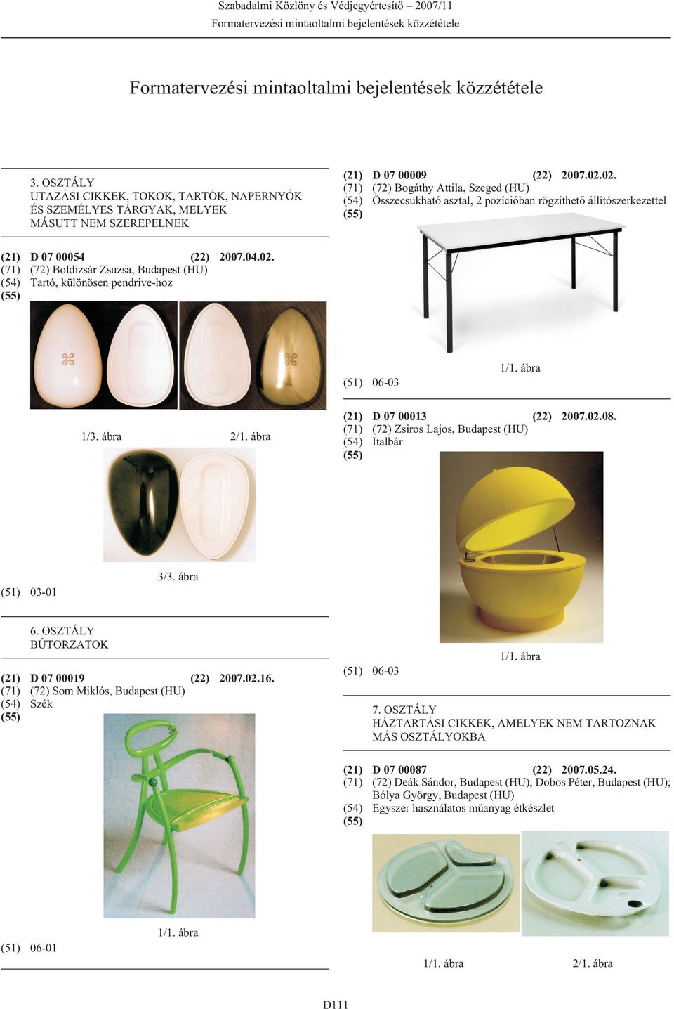 ábra 1/3. ábra D 07 00013 (22) 2007.02.08. (72) Zsiros Lajos, Budapest (HU) Italbár 3/3. ábra (51) 03-01 6. OSZTÁLY BÚTORZATOK D 07 00019 (22) 2007.02.16.