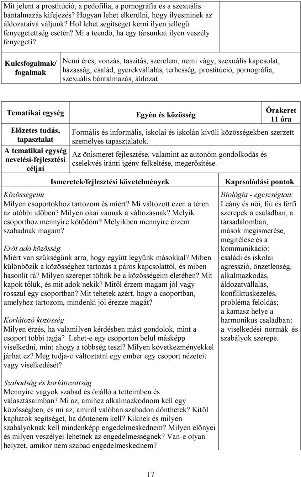 Kulcs/ Nemi érés, vonzás, taszítás, szerelem, nemi vágy, szexuális kapcsolat, házasság, család, gyerekvállalás, terhesség, prostitúció, pornográfia, szexuális bántalmazás, áldozat.