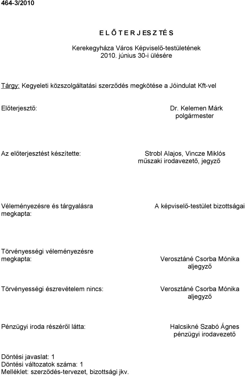 Kelemen Márk polgármester Az előterjesztést készítette: Strobl Alajos, Vincze Miklós műszaki irodavezető, jegyző Véleményezésre és tárgyalásra megkapta: A