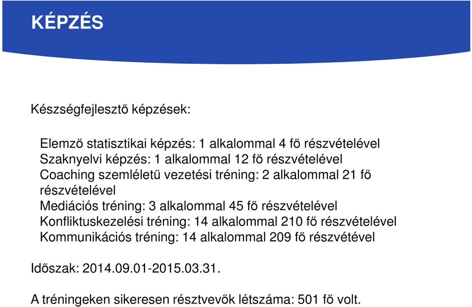 tréning: 3 alkalommal 45 fő részvételével Konfliktuskezelési tréning: 14 alkalommal 210 fő részvételével Kommunikációs