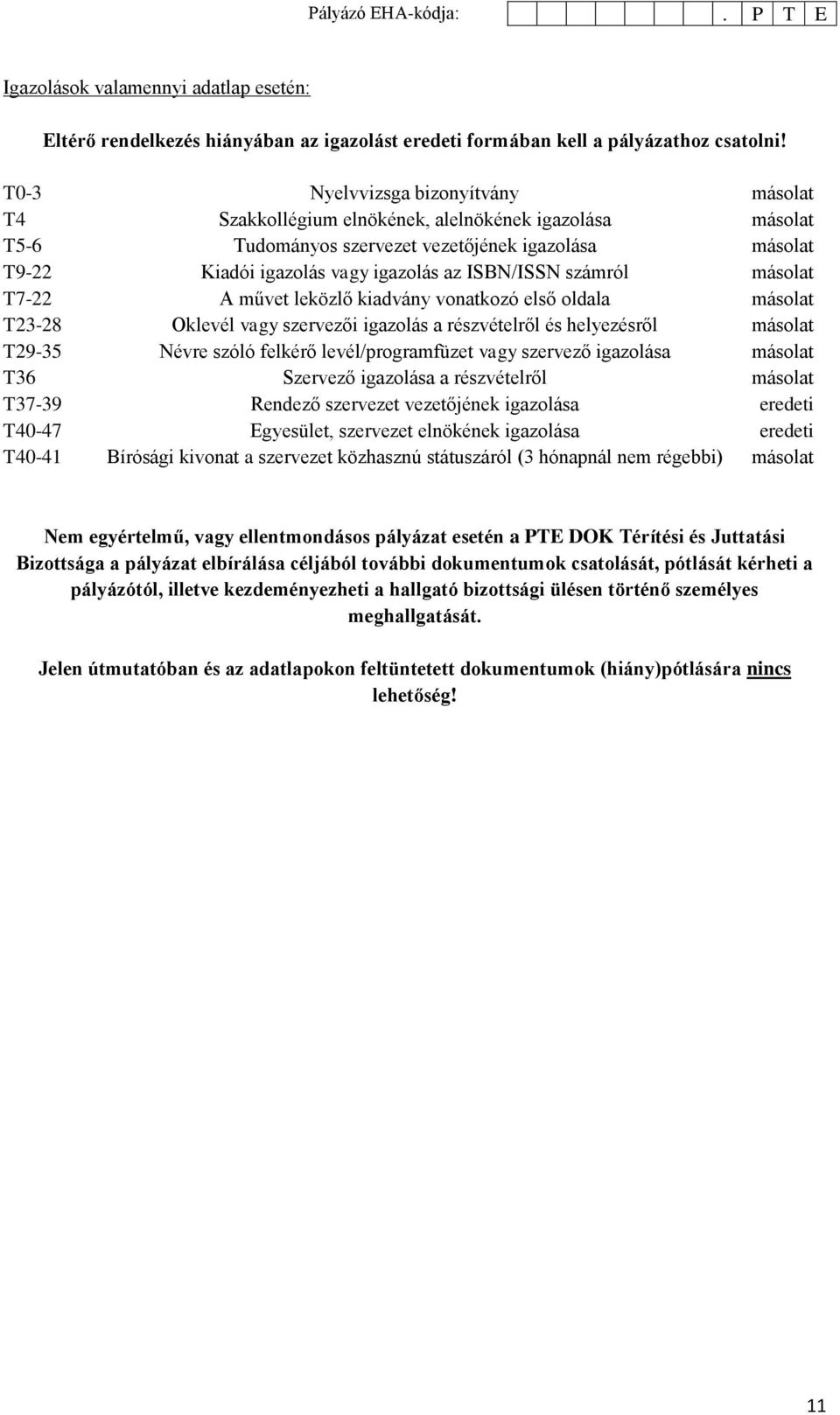 ISBN/ISSN számról másolat T7-22 A művet leközlő kiadvány vonatkozó első oldala másolat T23-28 Oklevél vagy szervezői igazolás a részvételről és helyezésről másolat T29-35 Névre szóló felkérő