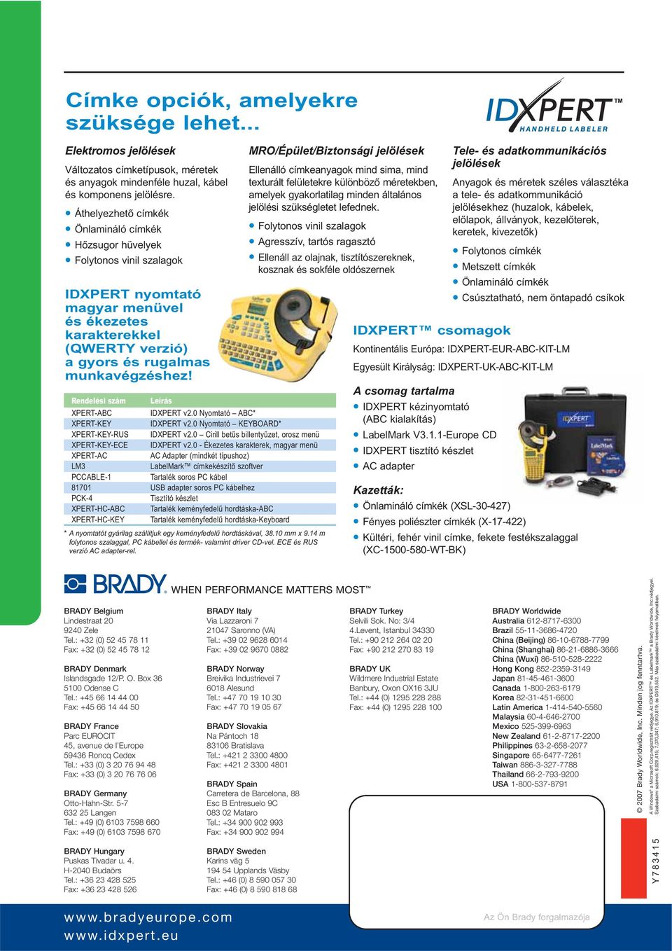 Rendelési szám Leírás XPERT-ABC IDXPERT v2.0 Nyomtató ABC* XPERT-KEY IDXPERT v2.0 Nyomtató KEYBOARD* XPERT-KEY-RUS IDXPERT v2.0 Cirill betűs billentyűzet, orosz menü XPERT-KEY-ECE IDXPERT v2.