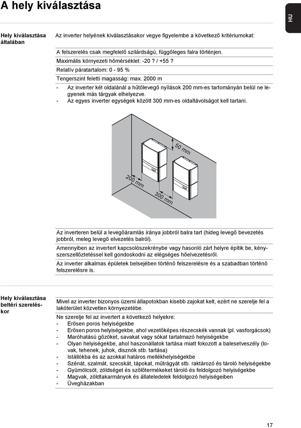 000 m - Az inverter két oldalánál a hűtőlevegő nyílások 00 mm-es tartományán belül ne legyenek más tárgyak elhelyezve. - Az egyes inverter egységek között 00 mm-es oldaltávolságot kell tartani.