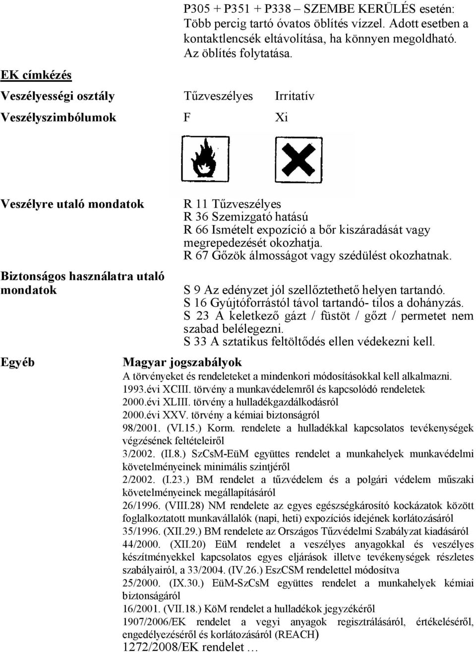 Veszélyre utaló mondatok Biztonságos használatra utaló mondatok Egyéb R 11 Tűzveszélyes R 36 Szemizgató hatású R 66 Ismételt expozíció a bőr kiszáradását vagy megrepedezését okozhatja.