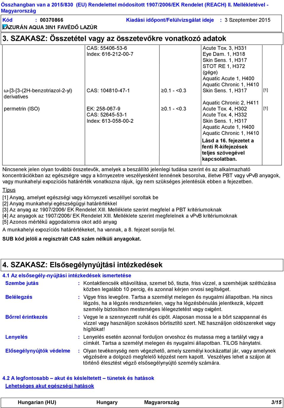 1, H317 [1] permetrin (ISO) EK 258-067-9 0.1 - <0.3 Acute Tox. 4, H302 [1] CAS 52645-53-1 Acute Tox. 4, H332 Index 613-058-00-2 Skin Sens.