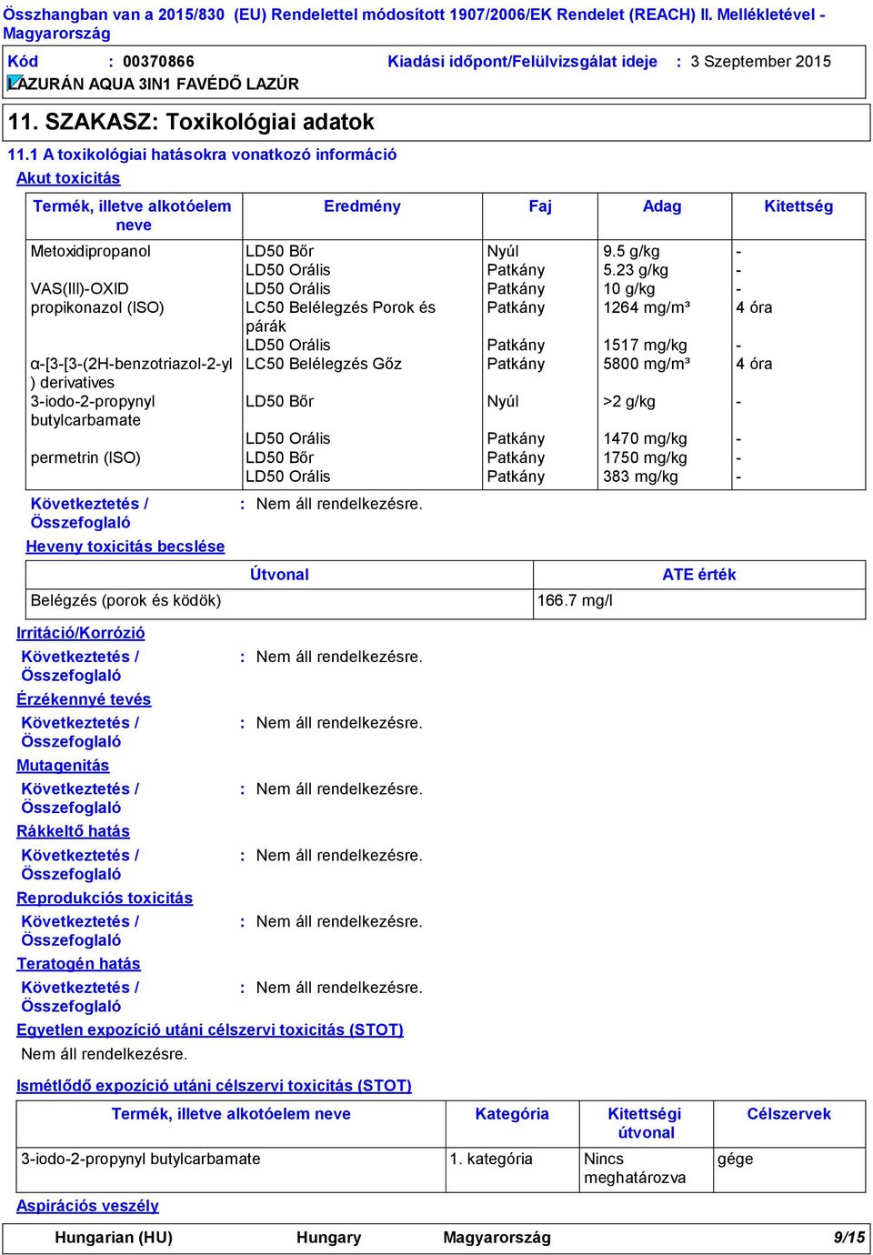 23 g/kg - VAS(III)-OXID LD50 Orális Patkány 10 g/kg - propikonazol (ISO) LC50 Belélegzés Porok és Patkány 1264 mg/m³ 4 óra párák LD50 Orális Patkány 1517 mg/kg - α-[3-[3-(2h-benzotriazol-2-yl LC50