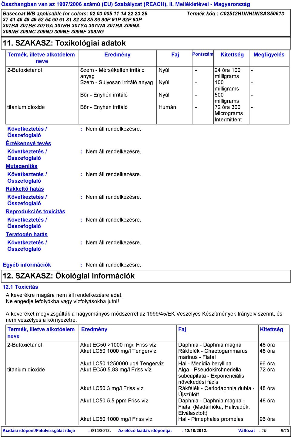 Megfigyelés 2Butoxietanol Szem Mérsékelten irritáló anyag Nyúl 24 óra 100 milligrams Szem Súlyosan irritáló anyag Nyúl 100 milligrams Bőr Enyhén irritáló Nyúl 500 milligrams titanium dioxide Bőr