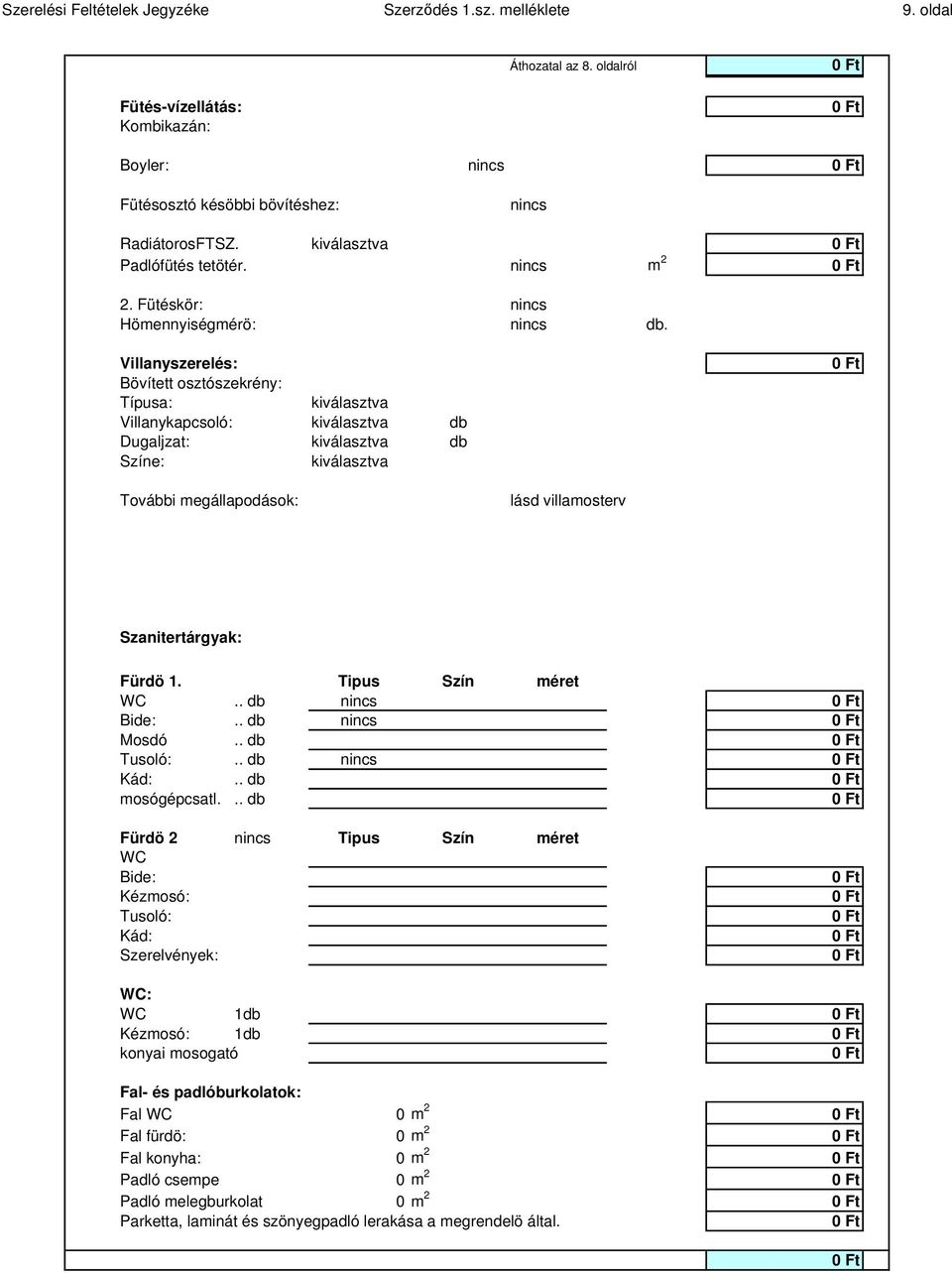 Villanyszerelés: Bövített osztószekrény: kiválasztva Villanykapcsoló: kiválasztva db Dugaljzat: kiválasztva db Színe: kiválasztva További megállapodások: lásd villamosterv Szanitertárgyak: Fürdö 1.