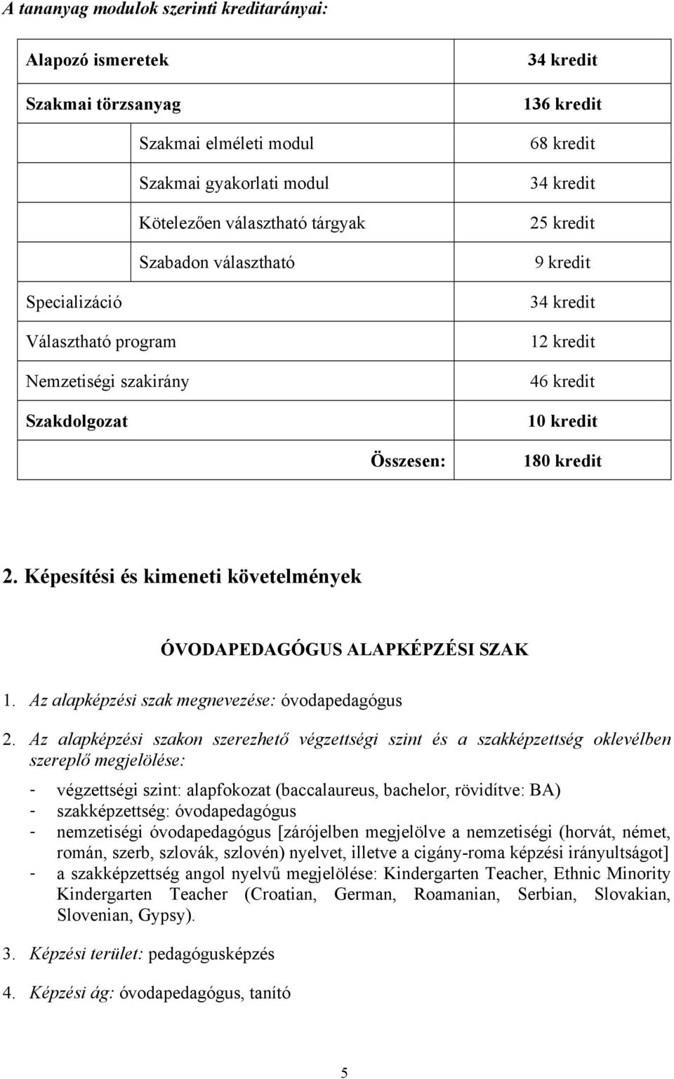 Képesítési és kimeneti követelmények ÓVODAPEDAGÓGUS ALAPKÉPZÉSI SZAK 1. Az alapképzési szak megnevezése: óvodapedagógus 2.