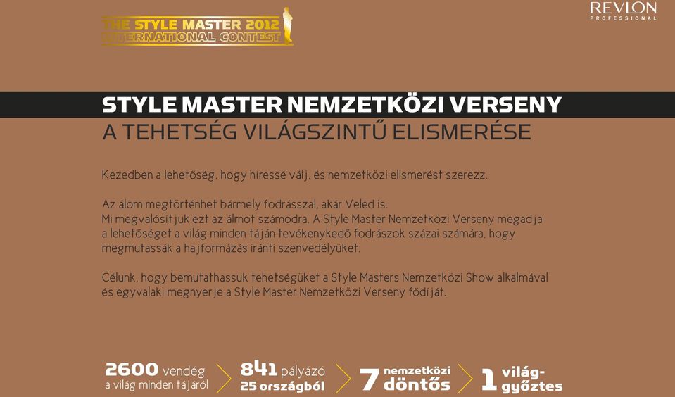 A Style Master Nemzetközi Verseny megadja a lehetõséget a világ minden táján tevékenykedõ fodrászok százai számára, hogy megmutassák a hajformázás iránti