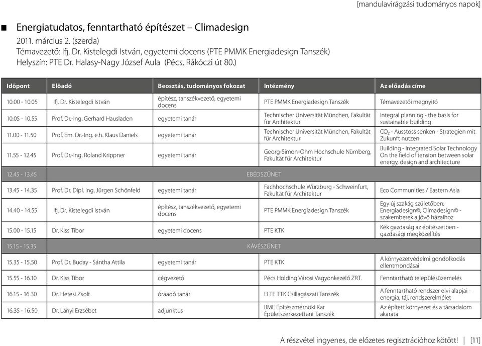 ) Időpont Előadó Beosztás, tudományos fokozat Intézmény Az előadás címe 10.00-10.05 Ifj. Dr. Kistelegdi István 10.05-10.55 Prof. Dr.-Ing. Gerhard Hausladen egyetemi tanár 11.00-11.50 Prof. Em. Dr.-Ing. e.h. Klaus Daniels egyetemi tanár 11.