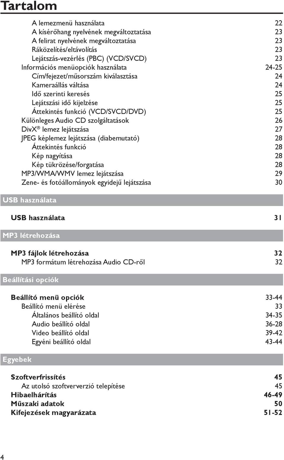 szolgáltatások 26 DivX lemez lejátszása 7 JPEG képlemez lejátszása (diabemutató) 28 Áttekintés funkció 28 Kép nagyítása 28 Kép tükrözése/forgatása 28 MP3/WMA/WMV lemez lejátszása 29 Zene- és