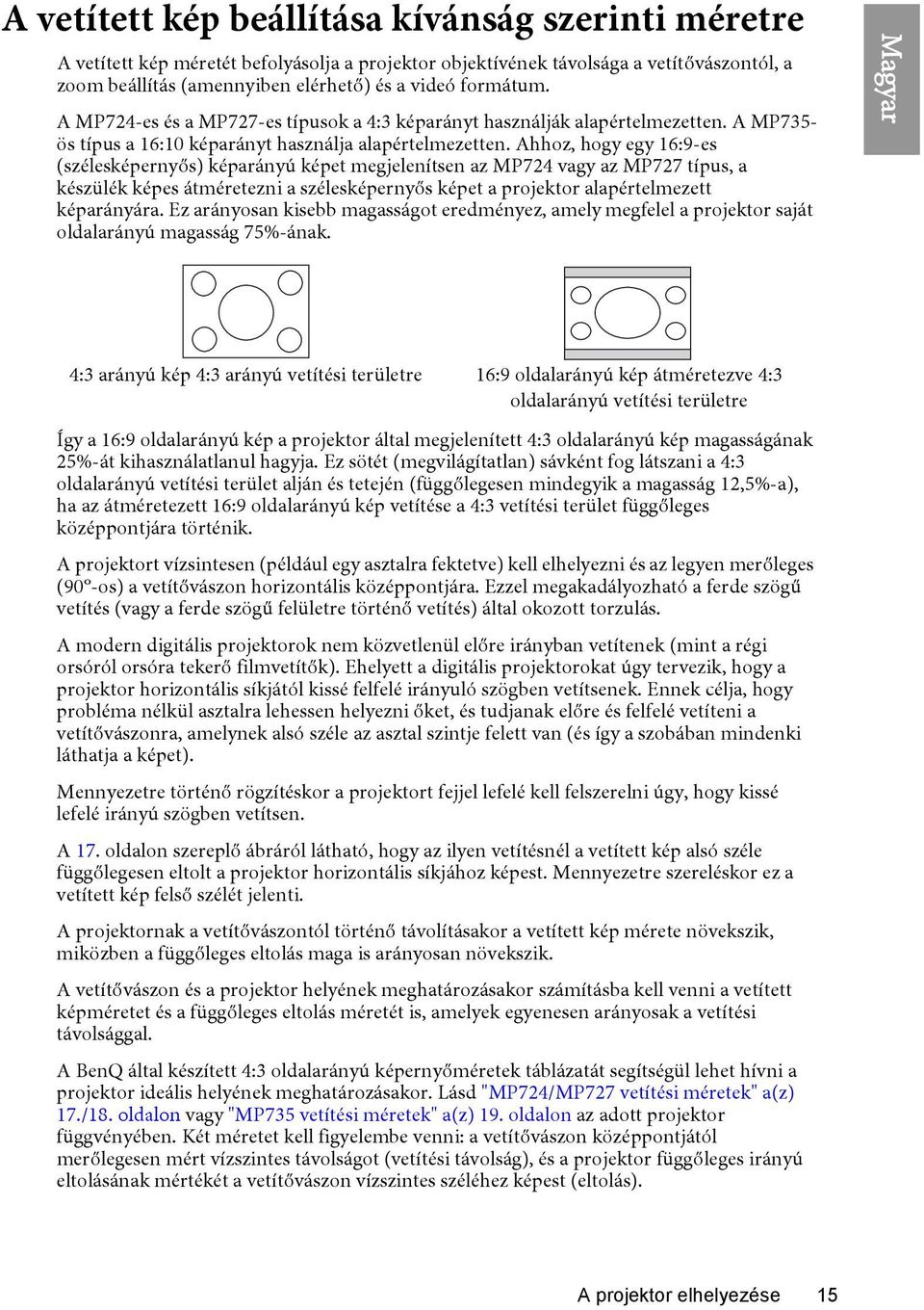 Ahhoz, hogy egy 16:9-es (szélesképernyős) képarányú képet megjelenítsen az MP724 vagy az MP727 típus, a készülék képes átméretezni a szélesképernyős képet a projektor alapértelmezett képarányára.