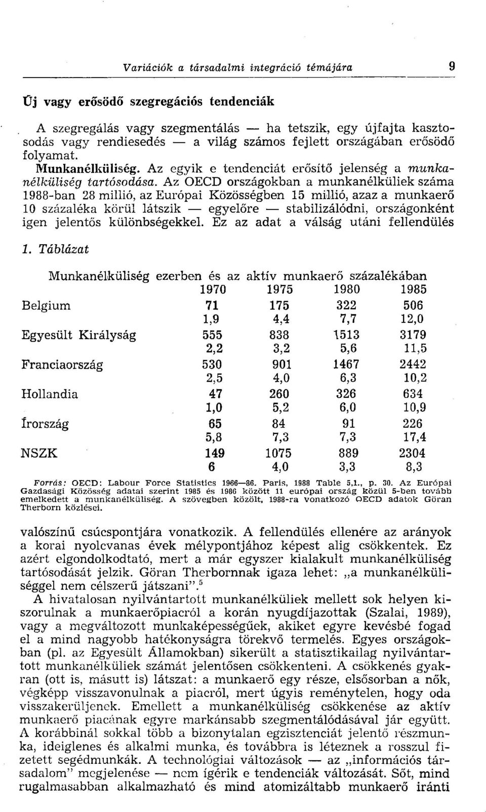 Az OECD országokban a munkanélküliek száma 1988-ban 28 millió, az Európai Közösségben 15 millió, azaz a munkaerő 10 százaléka körül látszik egyelőre stabilizálódni, országonként igen jelentős