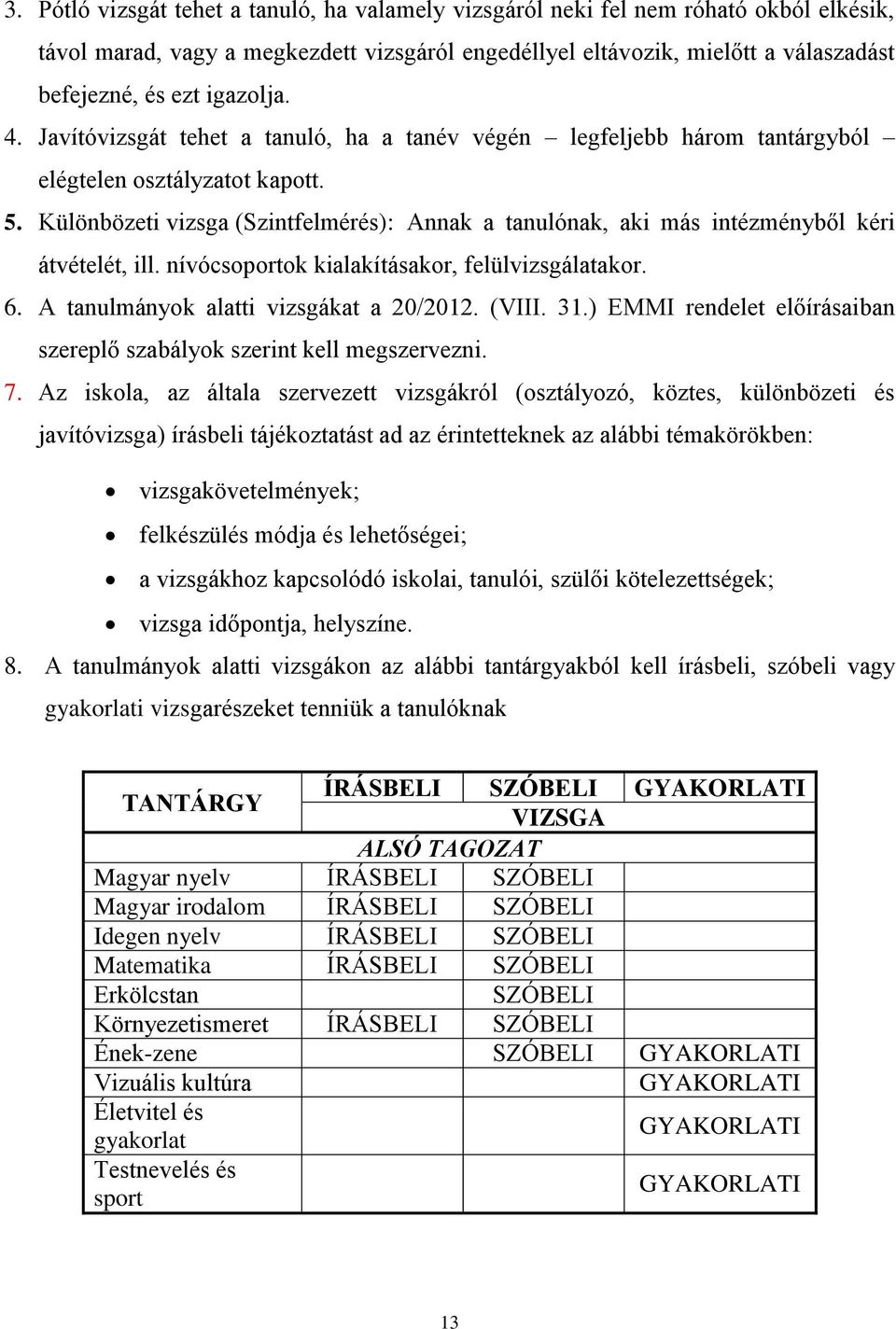 Különbözeti vizsga (Szintfelmérés): Annak a tanulónak, aki más intézményből kéri átvételét, ill. nívócsoportok kialakításakor, felülvizsgálatakor. 6. A tanulmányok alatti vizsgákat a 20/2012. (VIII.