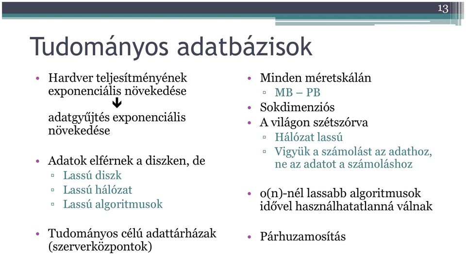 adattárházak (szerverközpontok) Minden méretskálán MB PB Sokdimenziós A világon szétszórva Hálózat lassú