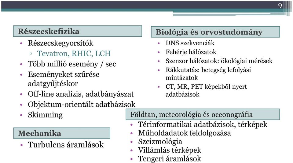 hálózatok Szenzor hálózatok: ökológiai mérések Rákkutatás: betegség lefolyási mintázatok CT, MR, PET képekből nyert adatbázisok Földtan,