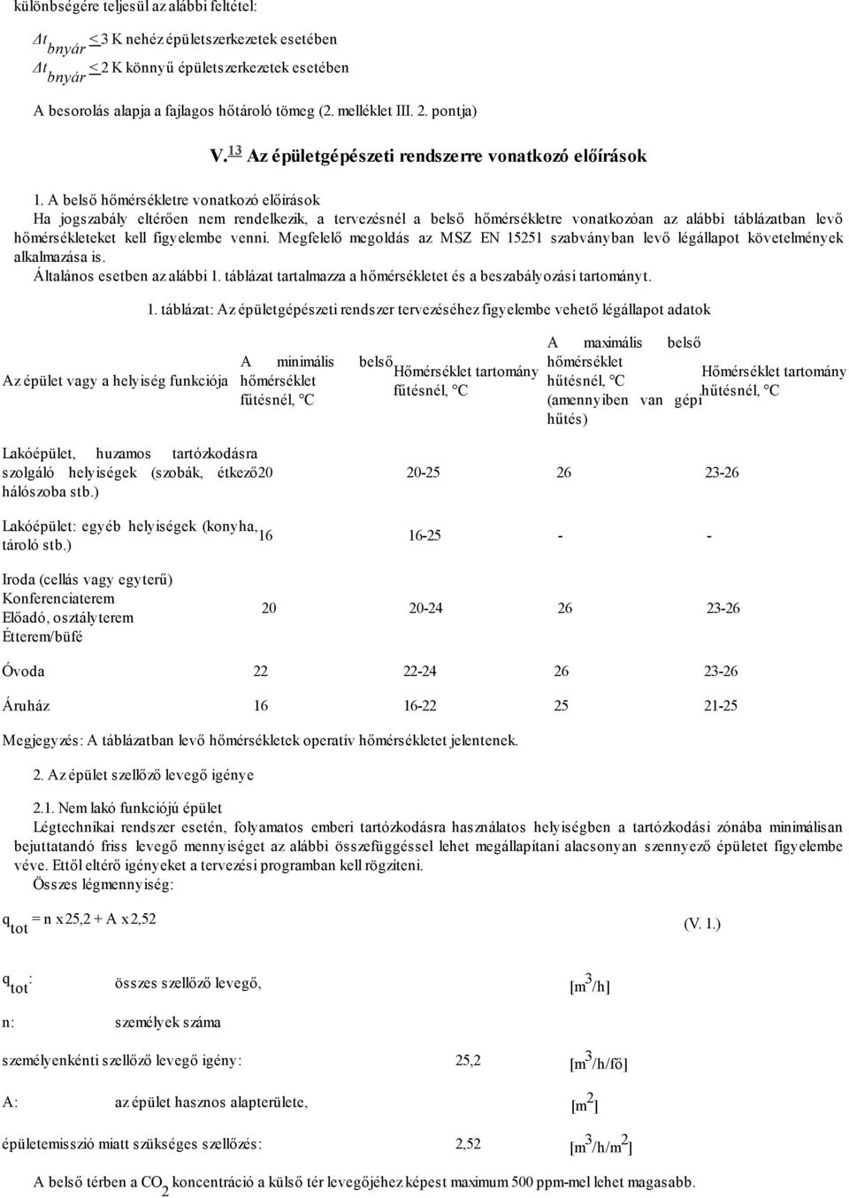 A belső hőmérsékletre vonatkozó előírások Ha jogszabály eltérően nem rendelkezik, a tervezésnél a belső hőmérsékletre vonatkozóan az alábbi táblázatban levő hőmérsékleteket kell figyelembe venni.