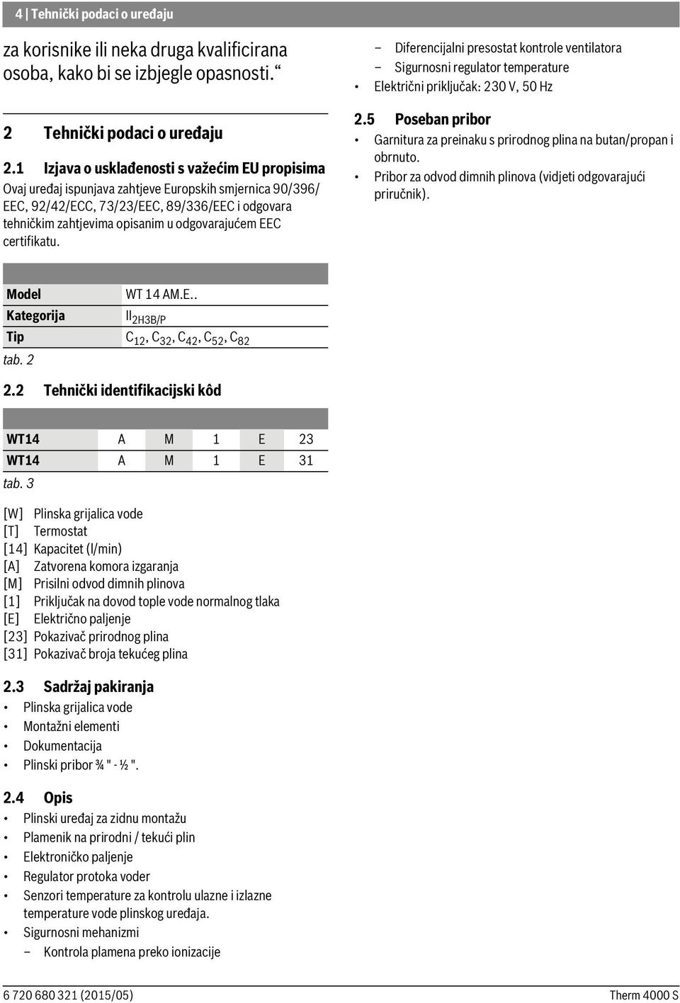 odgovarajućem EEC certifikatu. Diferencijalni presostat kontrole ventilatora Sigurnosni regulator temperature Električni priključak: 230 V, 50 Hz 2.