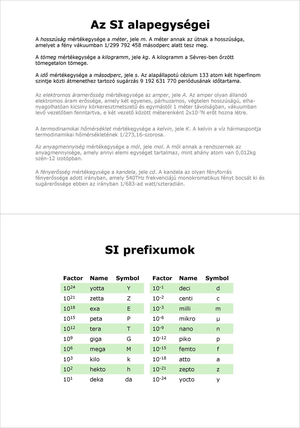 Az alapállapotú cézium 133 atom két hiperfinom szintje közti átmenethez tartozó sugárzás 9 192 631 770 periódusának időtartama. Az elektromos áramerősség mértékegysége az amper, jele A.