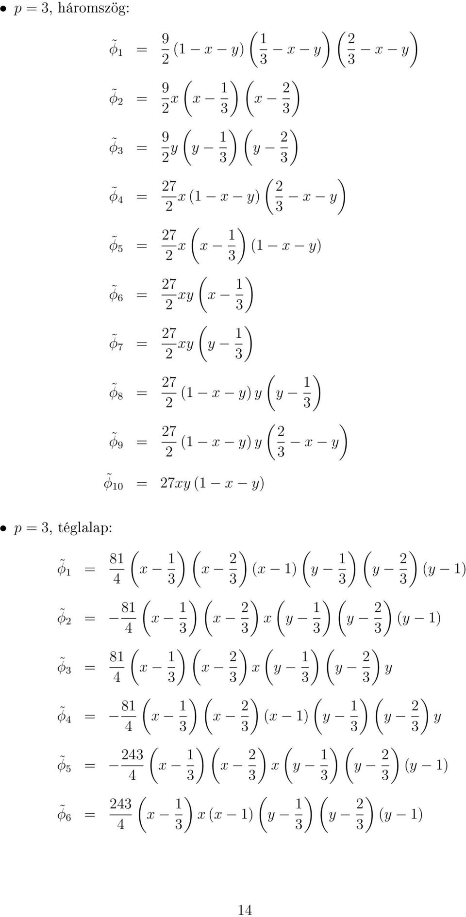 téglalap: φ 1 = 81 4 φ 2 = 81 4 φ 3 = 81 4 φ 4 = 81 4 φ 5 = 243 4 φ 6 = 243 4 x 1 ) x 2 ) x 1) y 1 ) y 2 ) y 1) 3 3 3 3 x 1 ) x 2 ) x y 1 ) y 2 ) y 1)