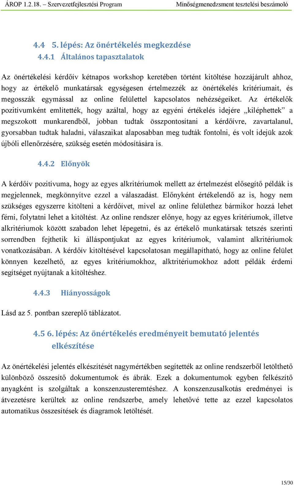 Az értékelők pozitívumként említették, hogy azáltal, hogy az egyéni értékelés idejére kiléphettek a megszokott munkarendből, jobban tudtak összpontosítani a kérdőívre, zavartalanul, gyorsabban tudtak