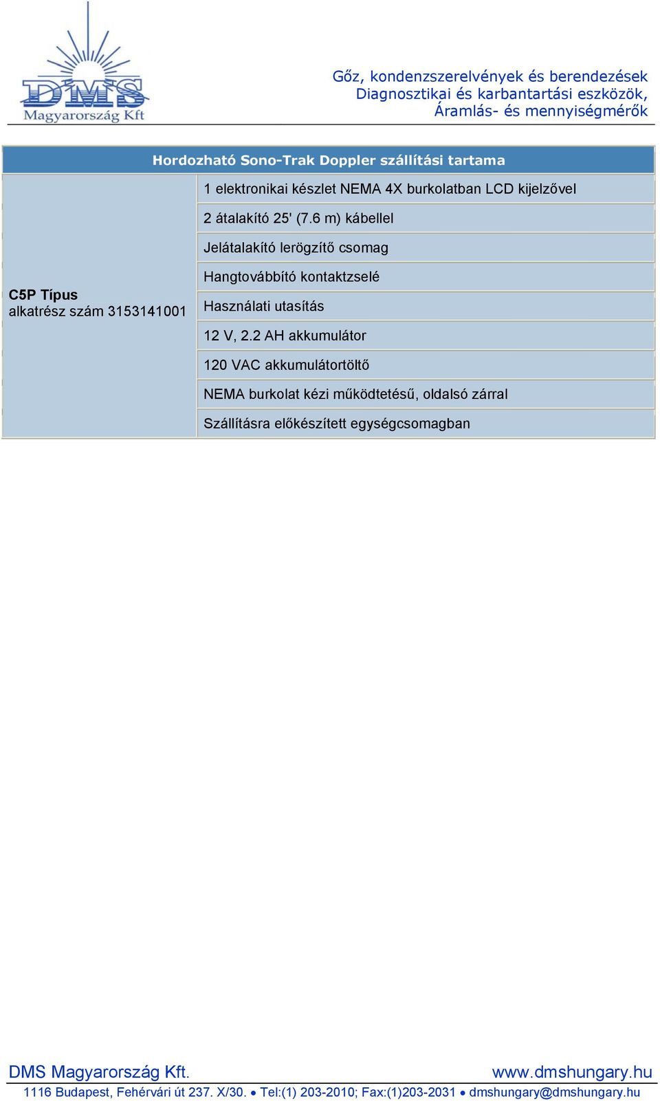 6 m) kábellel Jelátalakító lerögzítő csomag C5P Típus alkatrész szám 3153141001 Hangtovábbító