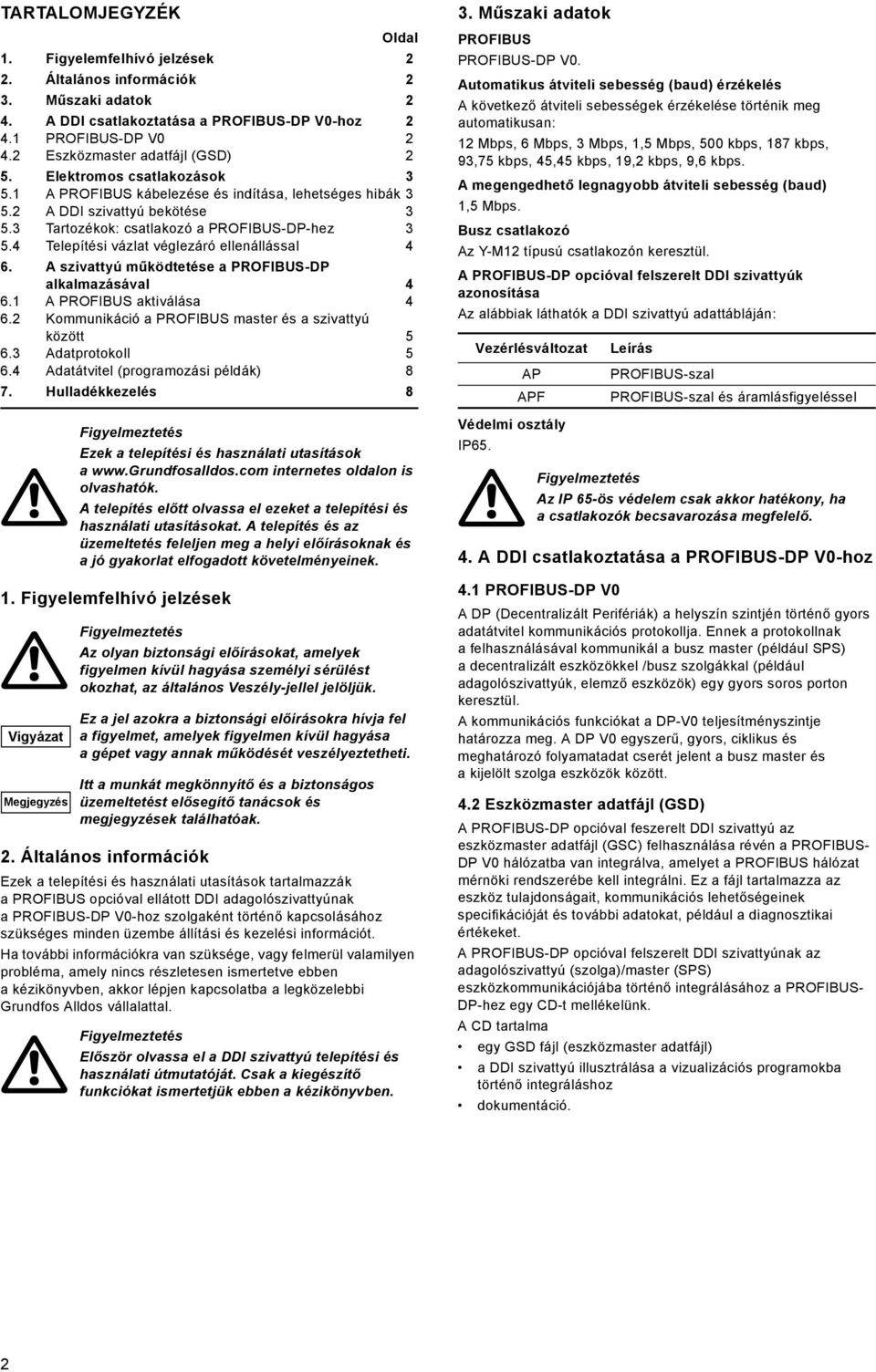 A szivattyú működtetése a PROFIBUS-DP alkalmazásával 6. A PROFIBUS aktiválása 6. Kommunikáció a PROFIBUS master és a szivattyú között 6. Adatprotokoll 6. Adatátvitel (programozási példák) 8 7.