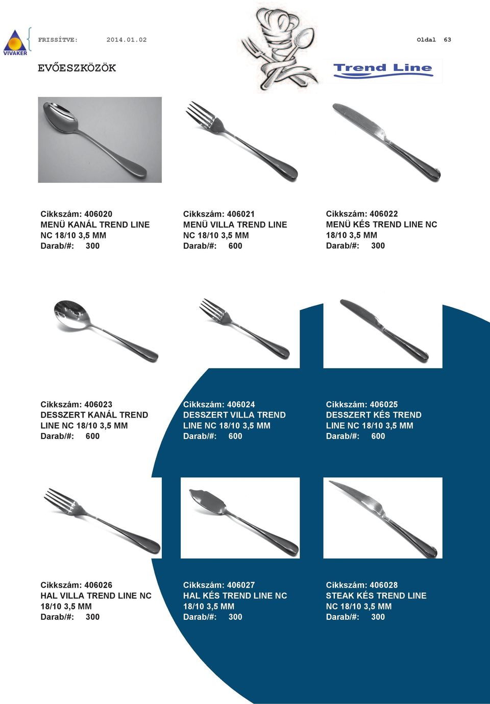 MENÜ KÉS TREND LINE NC 18/10 3,5 MM Darab/#: 300 Cikkszám: 406023 DESSZERT KANÁL TREND LINE Cikkszám: 406024 DESSZERT VILLA