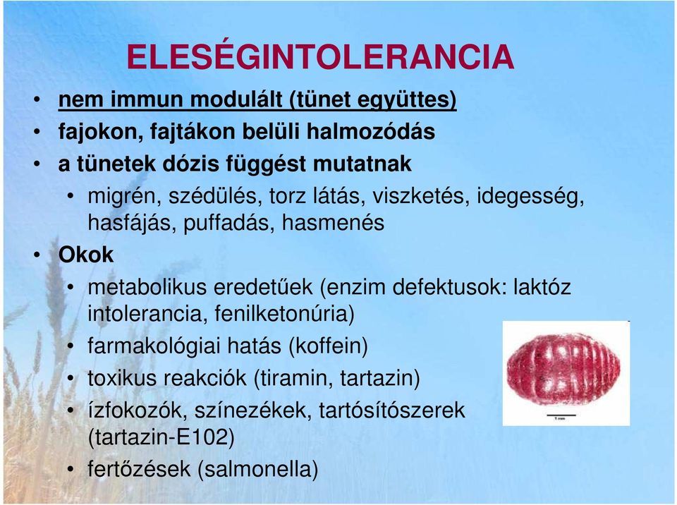 metabolikus eredetőek (enzim defektusok: laktóz intolerancia, fenilketonúria) farmakológiai hatás (koffein)