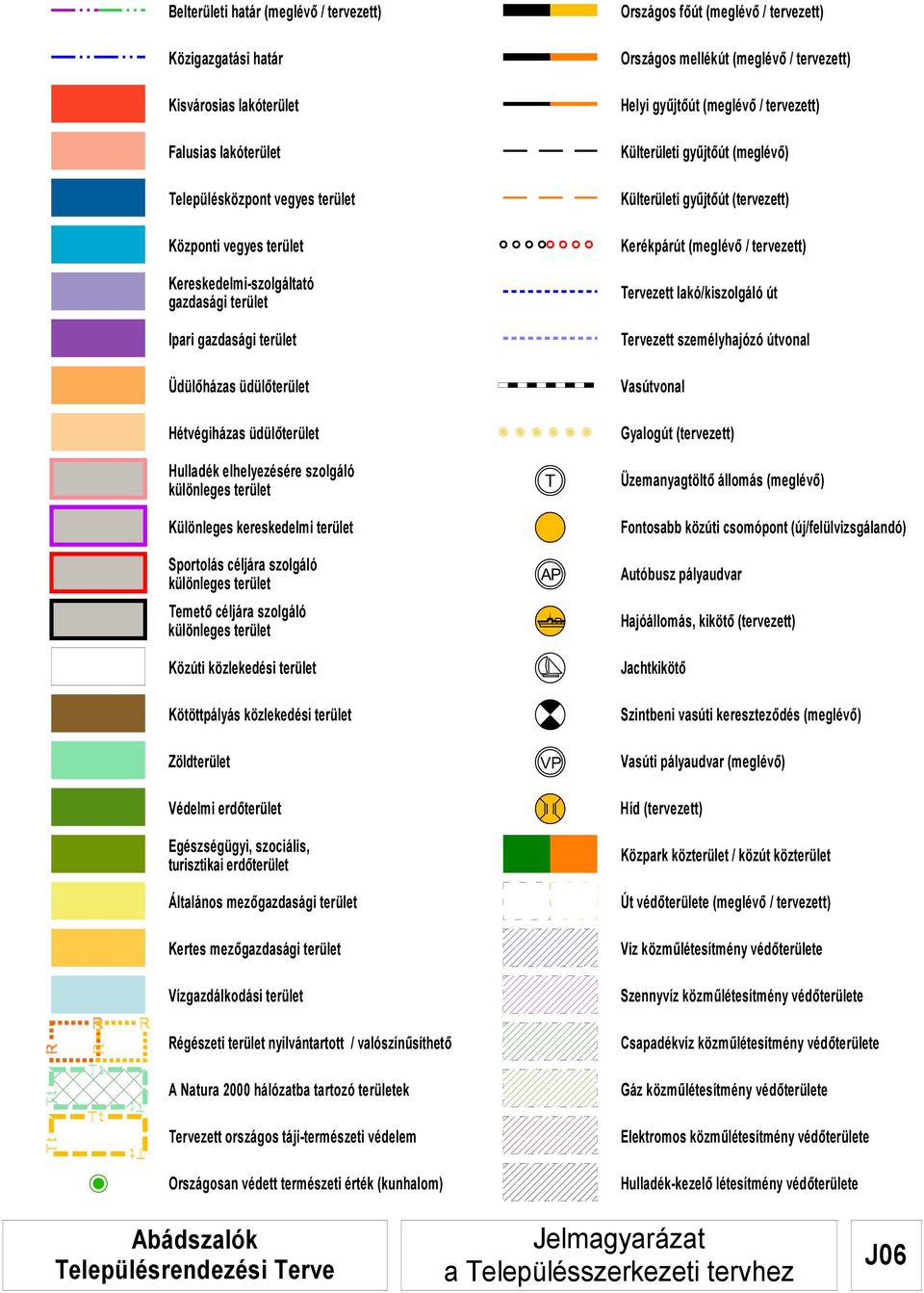 különleges terület Temető céljára szolgáló különleges terület Közúti közlekedési terület Kötöttpályás közlekedési terület Zöldterület Védelmi erdőterület Egészségügyi, szociális, turisztikai