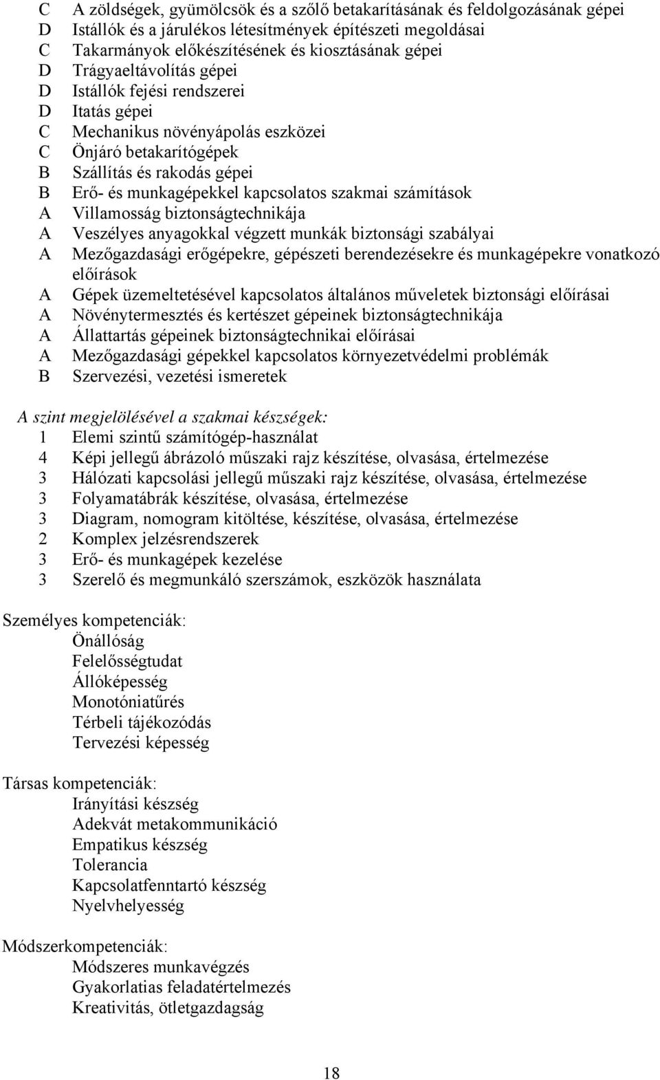 Villamosság biztonságtechnikája Veszélyes anyagokkal végzett munkák biztonsági szabályai Mezőgazdasági erőgépekre, gépészeti berendezésekre és munkagépekre vonatkozó előírások Gépek üzemeltetésével