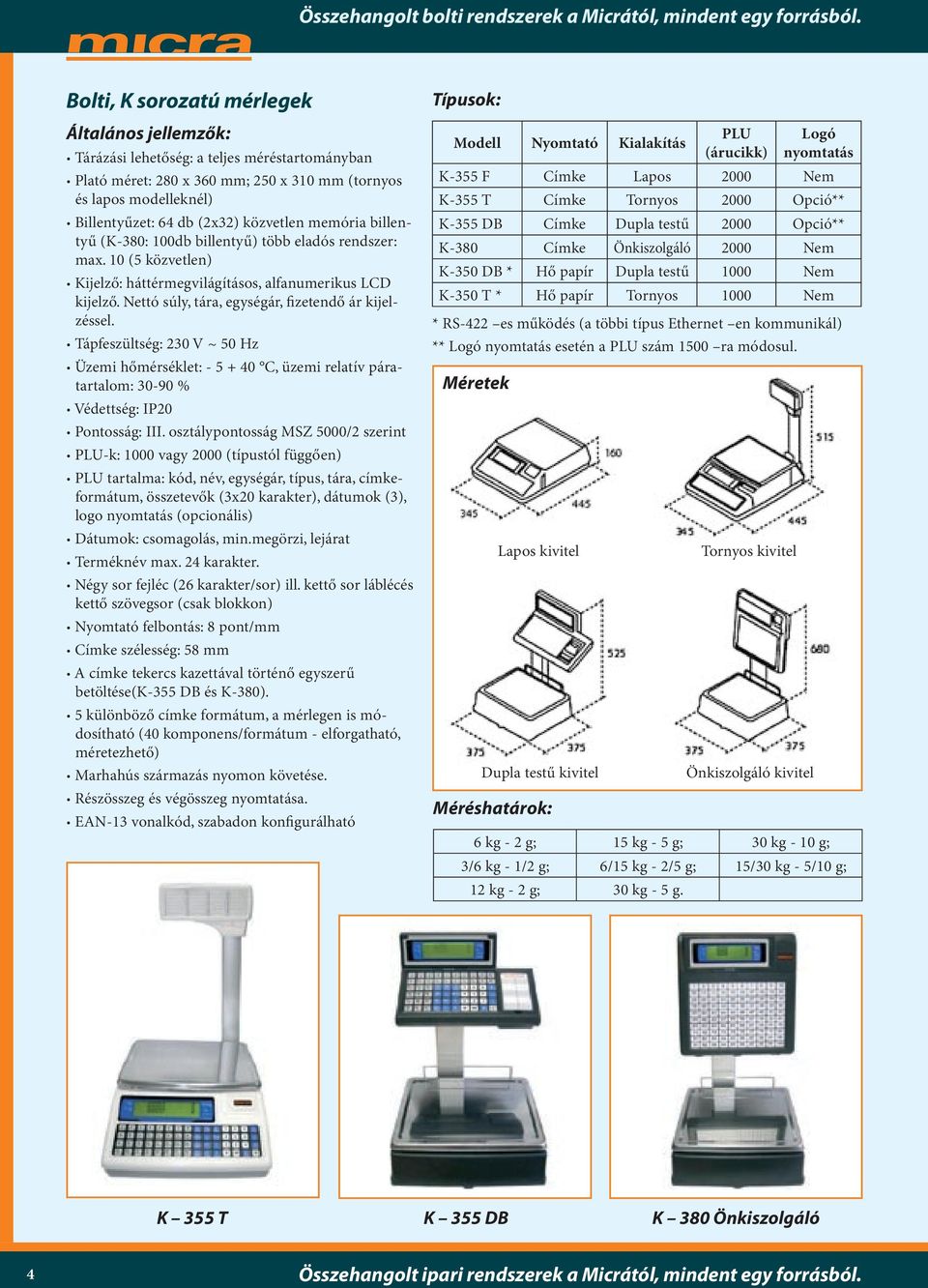 Nettó súly, tára, egységár, fizetendő ár kijelzéssel. Tápfeszültség: 230 V ~ 50 Hz Üzemi hőmérséklet: - 5 + 40 C, üzemi relatív páratartalom: 30-90 % Védettség: IP20 Pontosság: III.