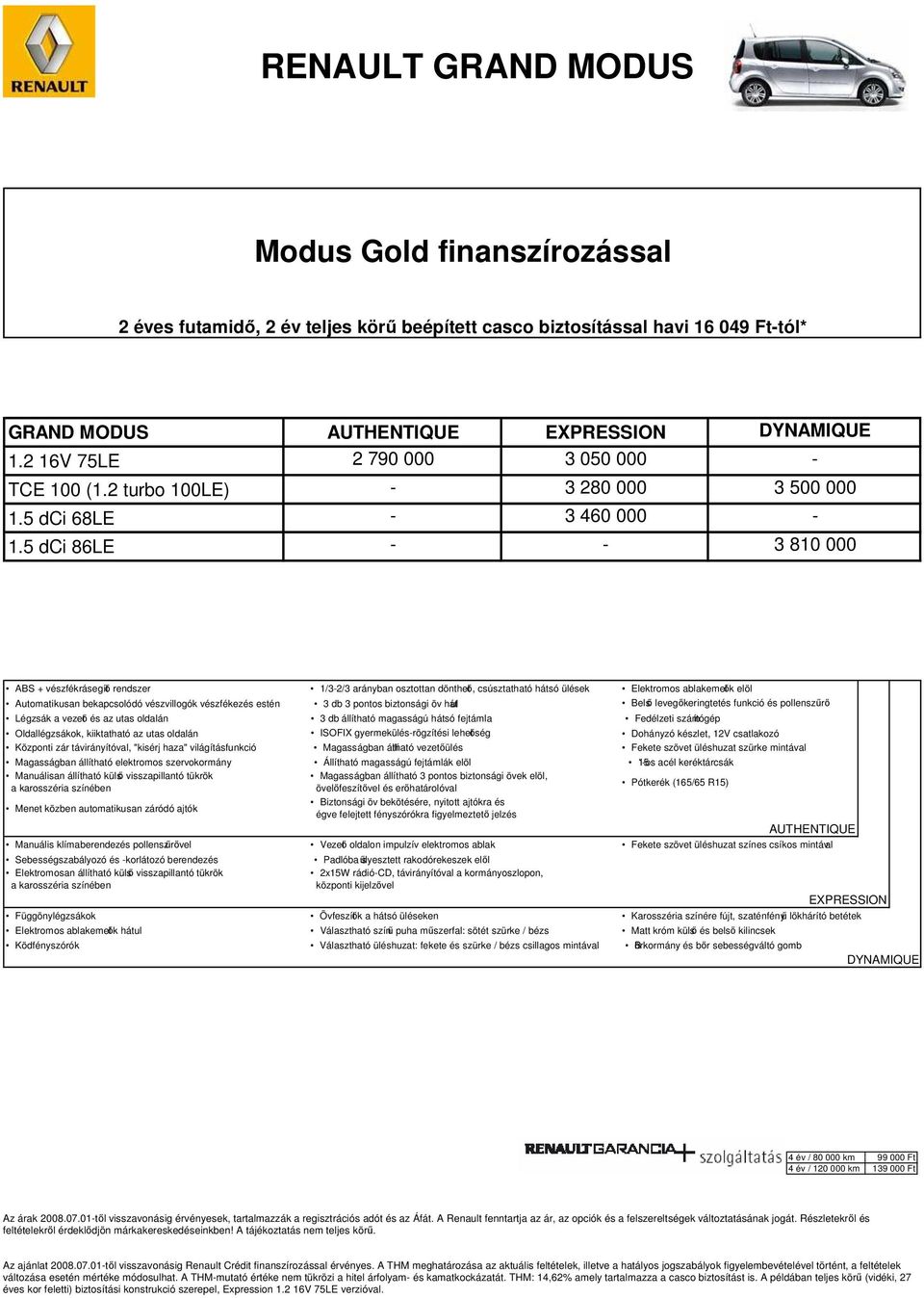 5 dci 86LE - - 3 810 000 ABS + vészfékrásegít rendszer 1/3-2/3 arányban osztottan dönthet, csúsztatható hátsó ülések Elektromos ablakemel k elöl Automatikusan bekapcsolódó vészvillogók vészfékezés