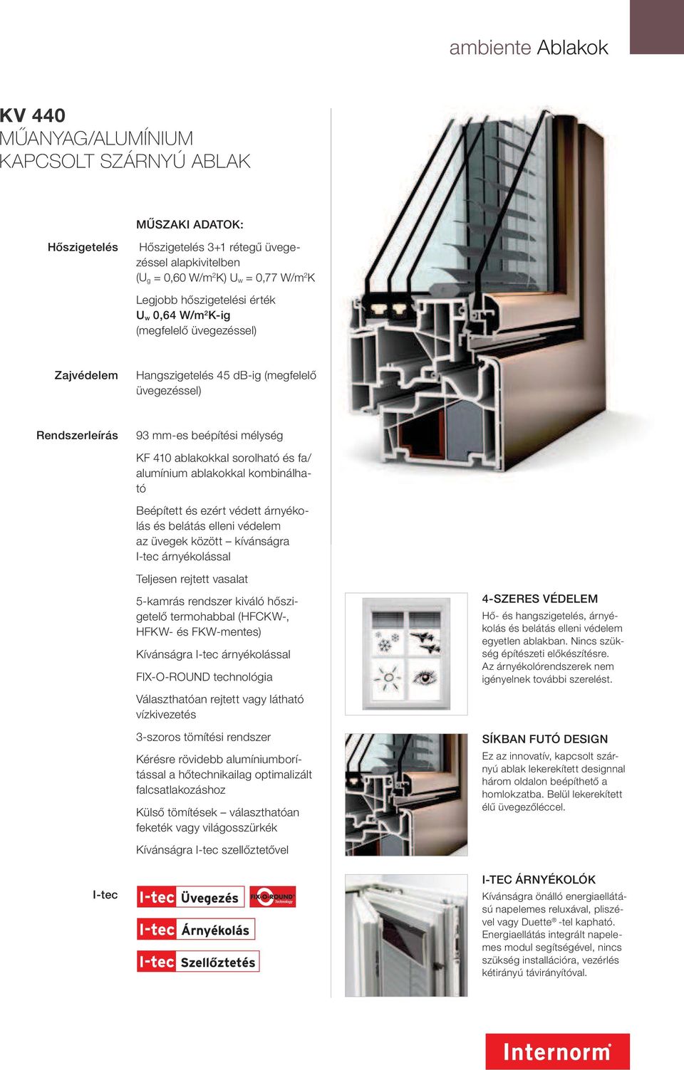 alumínium ablakokkal kombinálható Beépített és ezért védett árnyékolás és belátás elleni védelem az üvegek között kívánságra I-tec árnyékolással Teljesen rejtett vasalat 5-kamrás rendszer kiváló