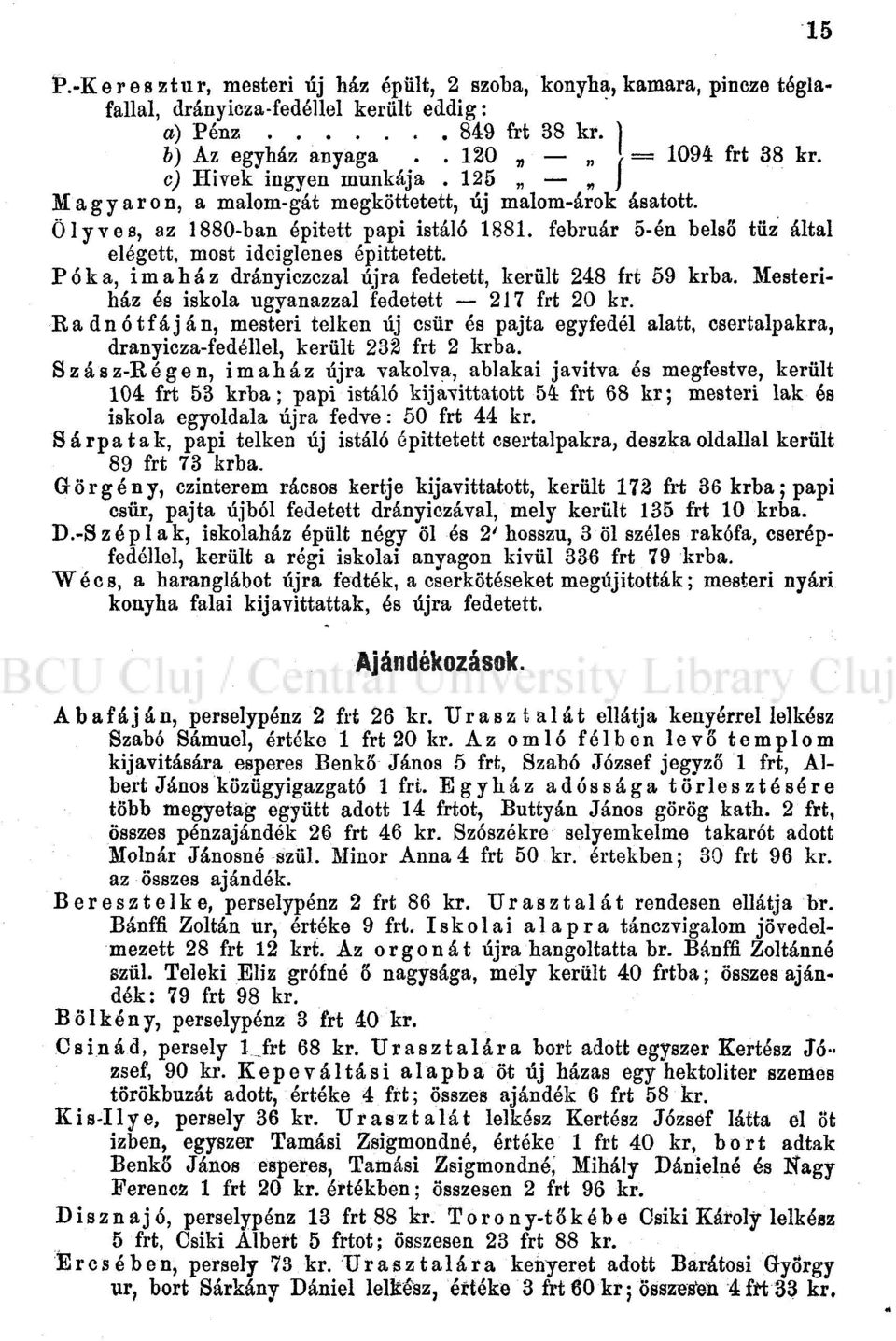 Pók a, imaház drányiczczal újra fedetett, került 248 frt 59 krba. Mesteriház és iskola ugyanazzal fedetett 217 frt 20 kr.