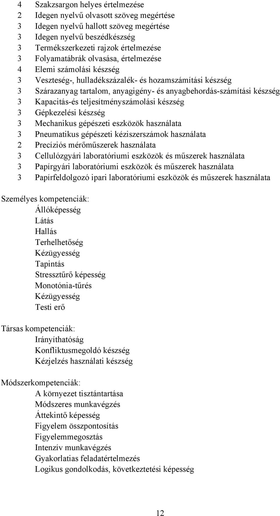 teljesítményszámolási készség 3 Gépkezelési készség 3 Mechanikus gépészeti eszközök használata 3 Pneumatikus gépészeti kéziszerszámok használata 2 Precíziós mérőműszerek használata 3 ellulózgyári