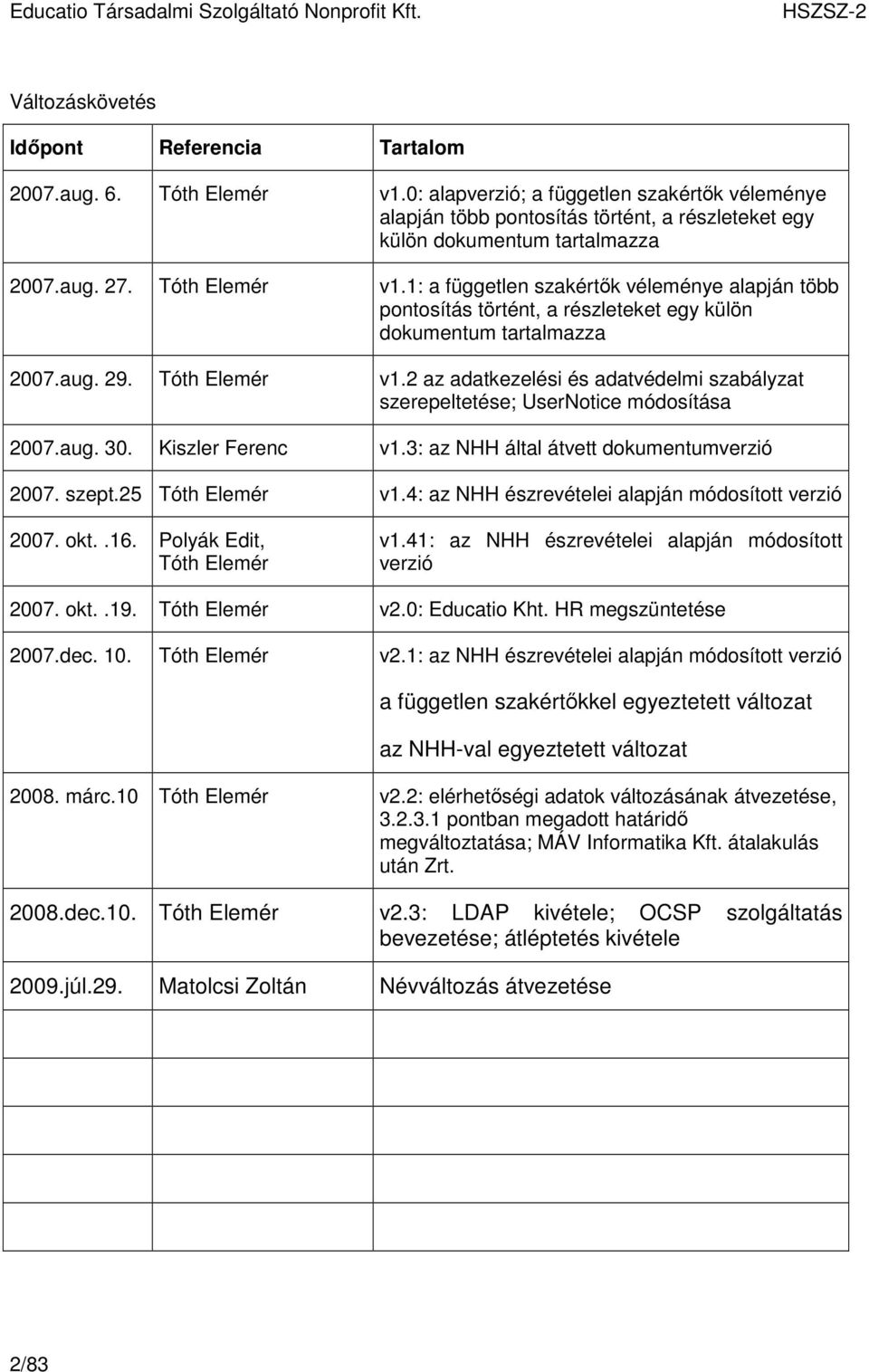 1: a független szakértık véleménye alapján több pontosítás történt, a részleteket egy külön dokumentum tartalmazza 2007.aug. 29. Tóth Elemér v1.