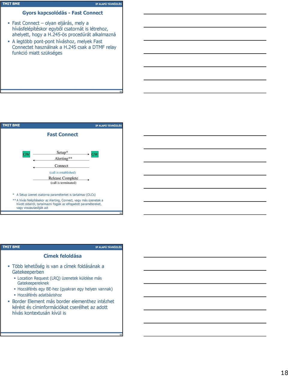 245 csak a DTMF relay funkció miatt szükséges 52 Fast Connect GW Setup* Alerting** Connect (call is established) Release Complete (call is terminated) GW * A Setup üzenet csatorna paraméterket is