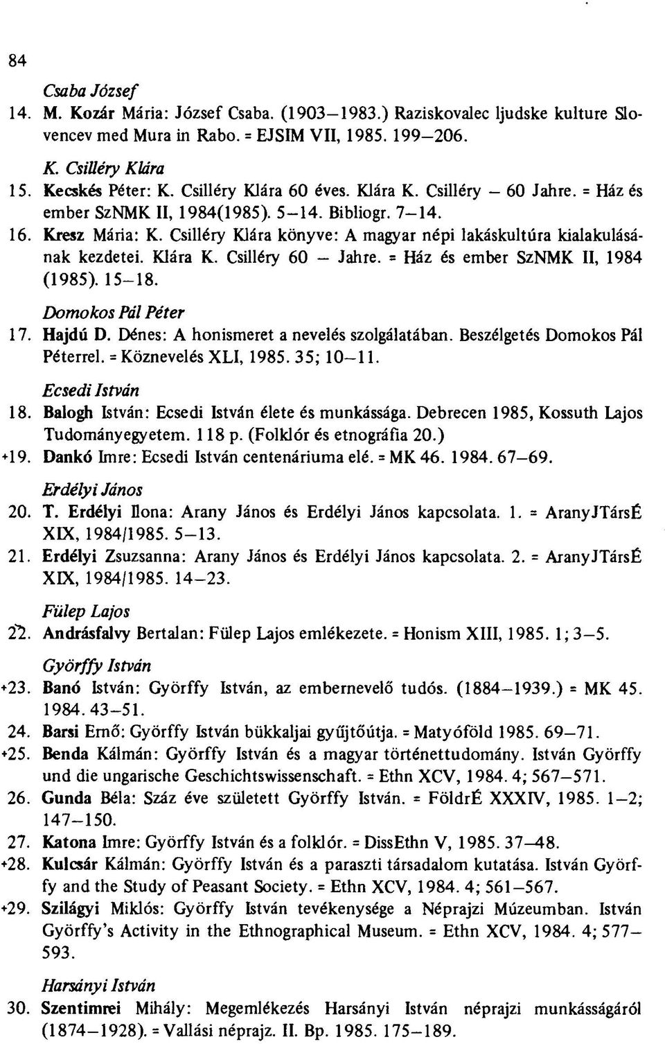 Csilléry Klára könyve: A magyar népi lakáskultúra kialakulásának kezdetei. Klára K. Csilléry 60 - Jahre. = Ház és ember SzNMK II, 1984 (1985). 15-18. Domokos Pál Péter 17. Hajdú D.