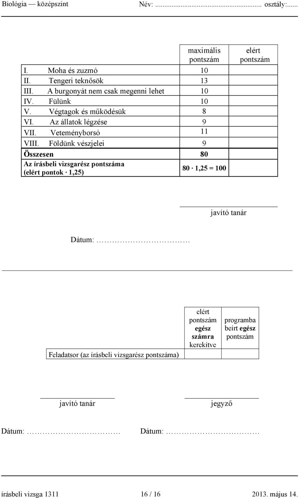 Földünk vészjelei 9 Összesen 80 Az írásbeli vizsgarész pontszáma (elért pontok 1,25) 80 1,25 = 100 elért pontszám javító tanár