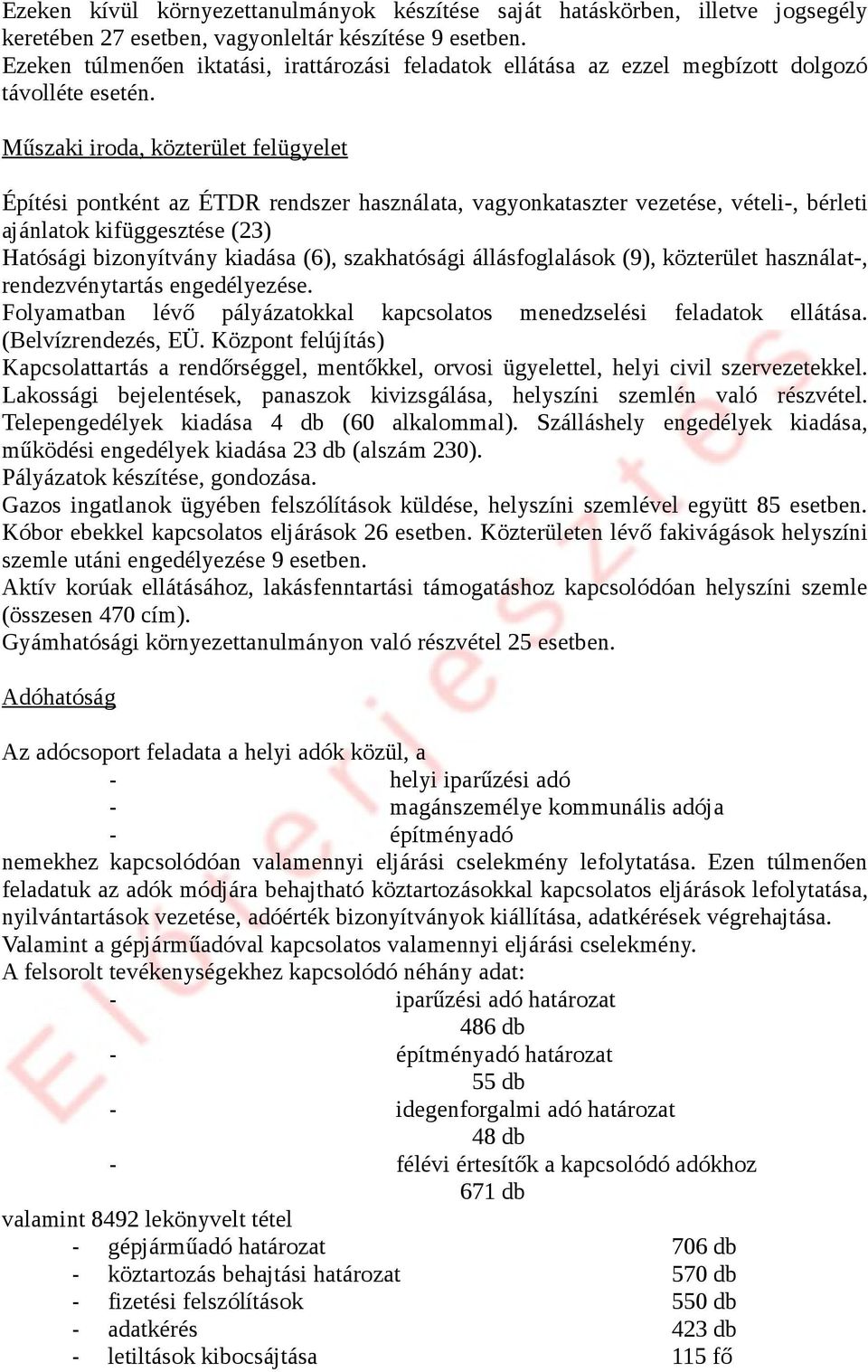 Műszaki iroda, közterület felügyelet Építési pontként az ÉTDR rendszer használata, vagyonkataszter vezetése, vételi-, bérleti ajánlatok kifüggesztése (23) Hatósági bizonyítvány kiadása (6),